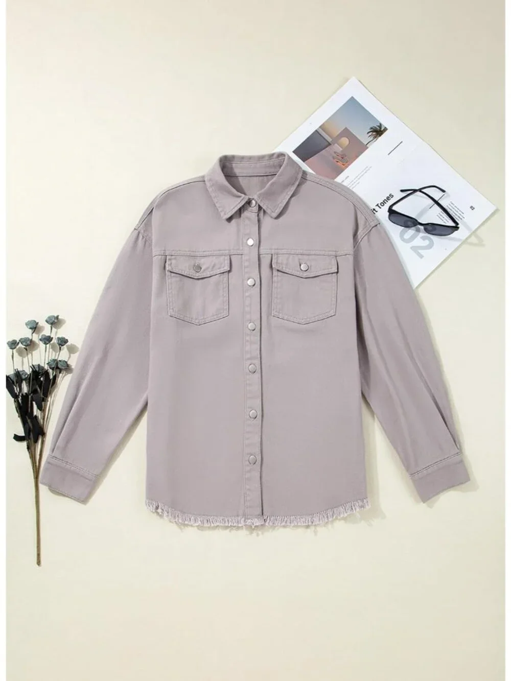 Women's Grey Denim Button Down Oversized Distressed Boyfriend Jean Jacket